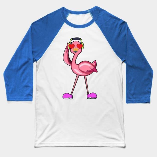 Flamingo with Headphone & Hearts Baseball T-Shirt by Markus Schnabel